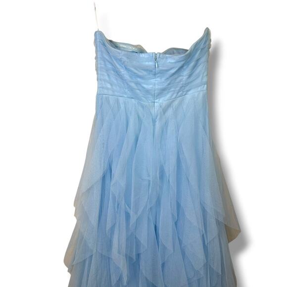 Lulus NWOT Delightful Beauty Blue Mesh Strapless Ruched Ruffled Maxi Dress - Picture 9 of 10